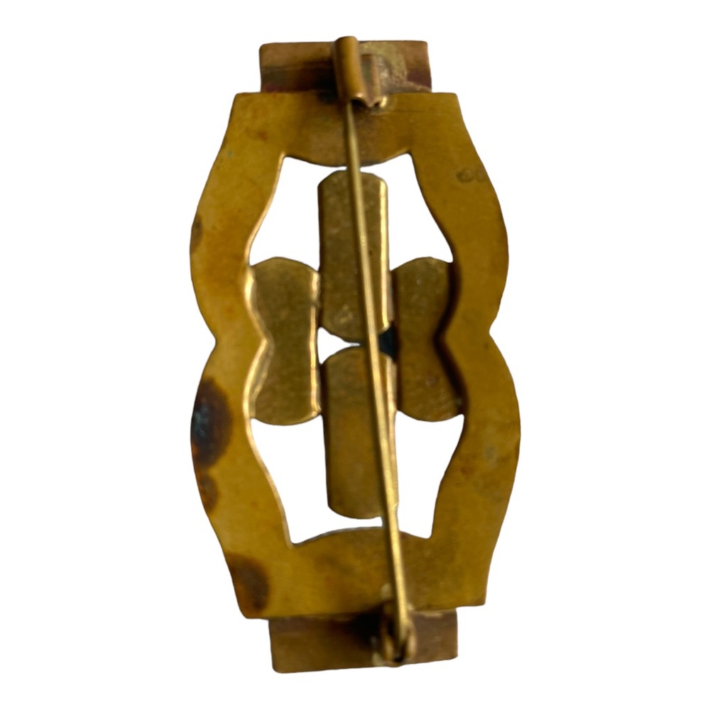 1930s Art Nouveau Gold Tone Geometric Pattern Metal with Turquoise Glass - Picture 6 of 8